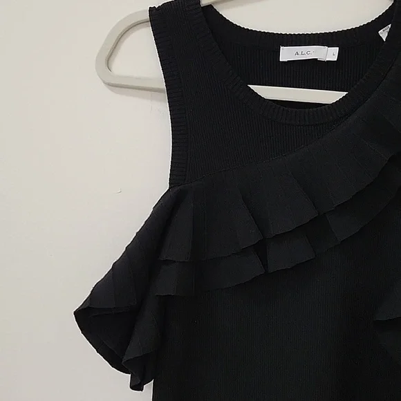 ALC Kellam Black Ribbed Cold Shoulder Ruffle Trim Stretch Knit Midi Dress Large - Picture 10 of 16